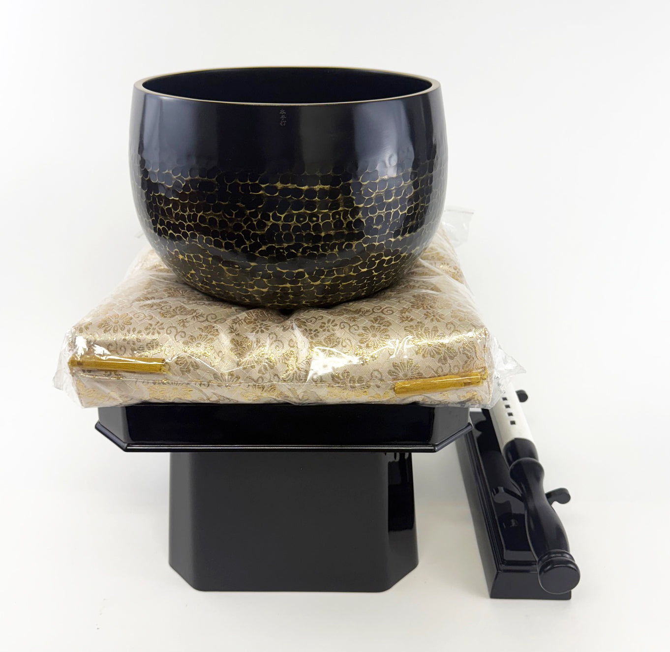 No. 9 Hand Pounded Bell (10.5" Diameter) with Ebony Hexagonal Wooden Base and Gold Cushion with Bell Stick Set