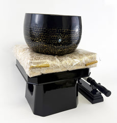 No. 9 Hand Pounded Bell (10.5" Diameter) with Ebony Hexagonal Wooden Base and Gold Cushion with Bell Stick Set