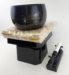 No. 9 Hand Pounded Bell (10.5" Diameter) with Ebony Hexagonal Wooden Base and Gold Cushion with Bell Stick Set