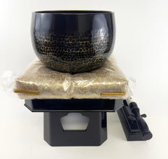 No. 9 Hand Pounded Bell (10.5" Diameter) with Ebony Hexagonal Wooden Base and Gold Cushion with Bell Stick Set