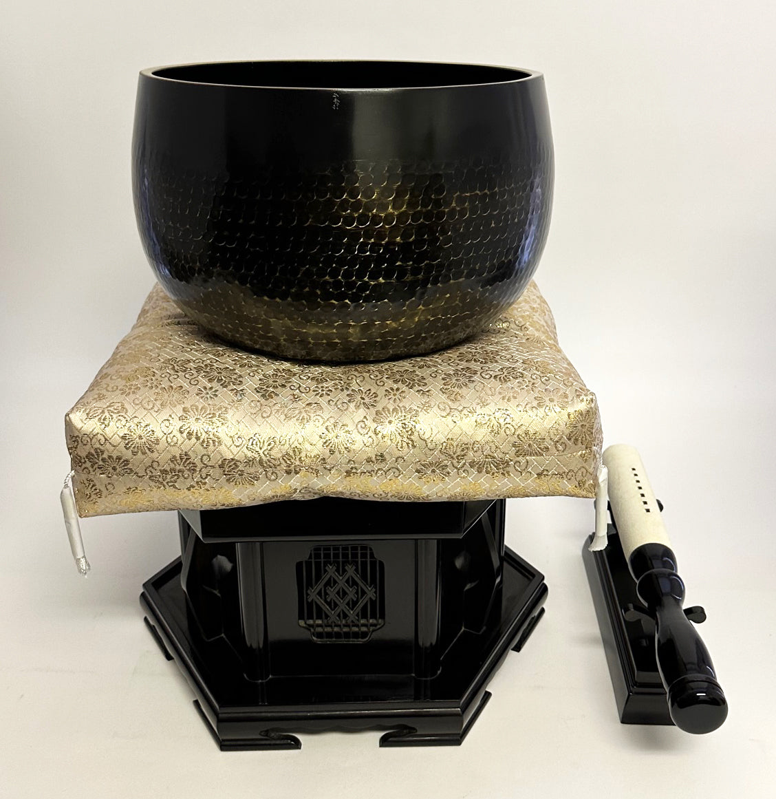 No. 9 Hand Pounded Bell (10.5" Diameter) with Ebony Hexagonal Wooden Base and Gold Cushion with Bell Stick Set (Display Model)