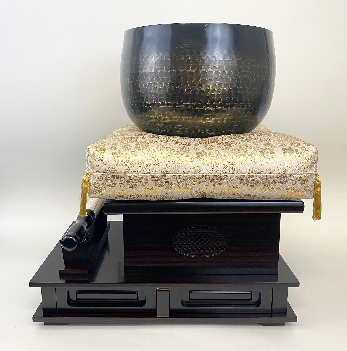 No. 10 Hand Pounded Bell (13" Diameter) with Ebony Wooden Base and Gold Cushion with Bell Stick Set