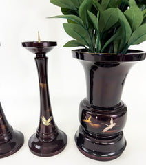 Vintage Premium Large 4 Piece Dark Cherry Burgandy Colored Butsugu Set with Flying Crane