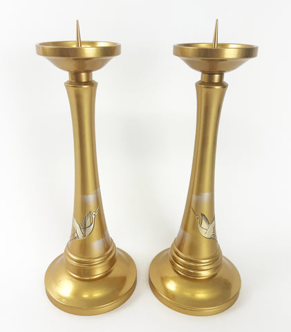 Premium 11.25" H Gold Tone Candle Stands with Flying Crane Sets