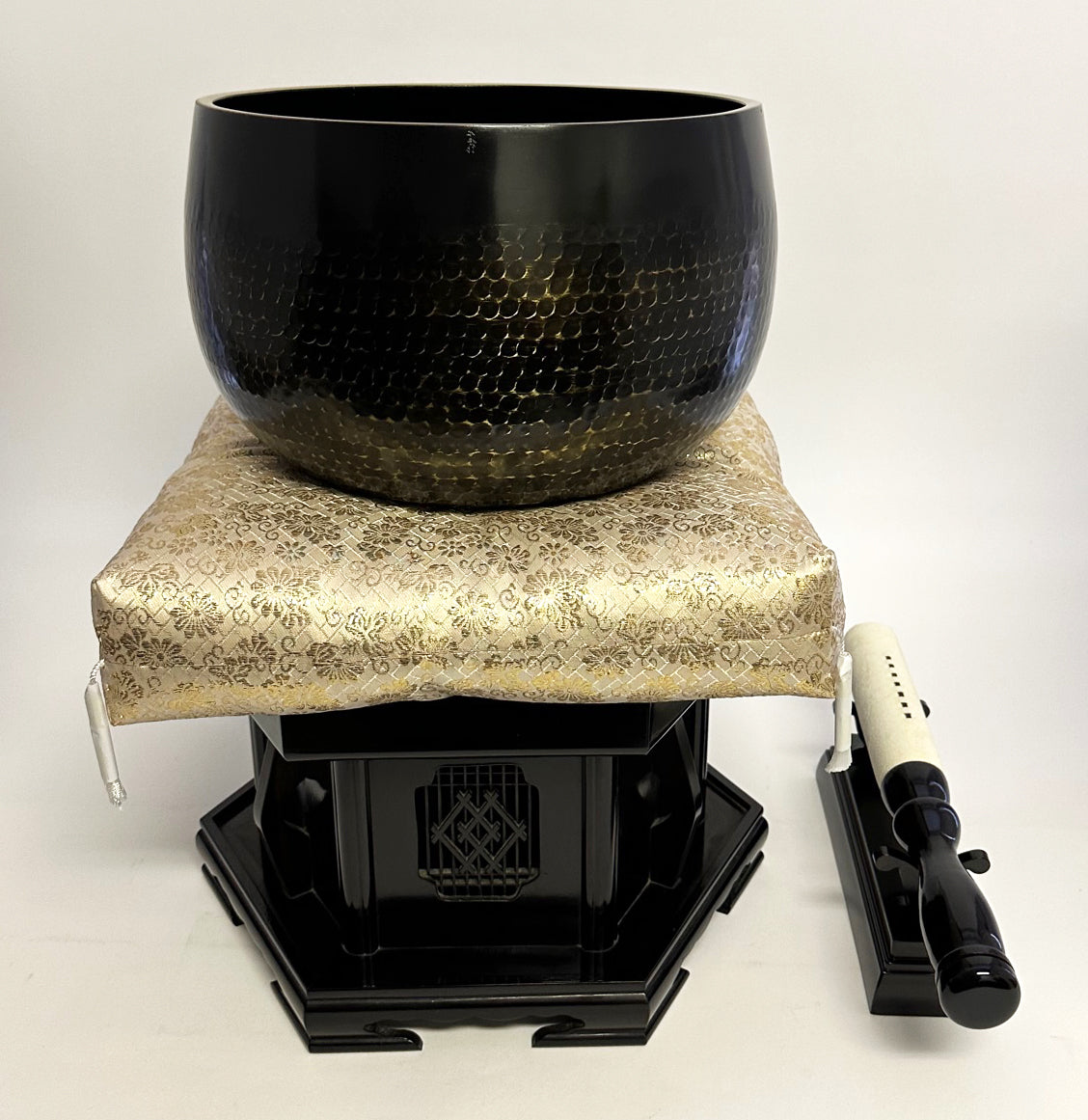 No. 10 Hand Pounded Bell (13" Diameter) with Ebony Hexagonal Wooden Base and Gold Cushion with Bell Stick Set