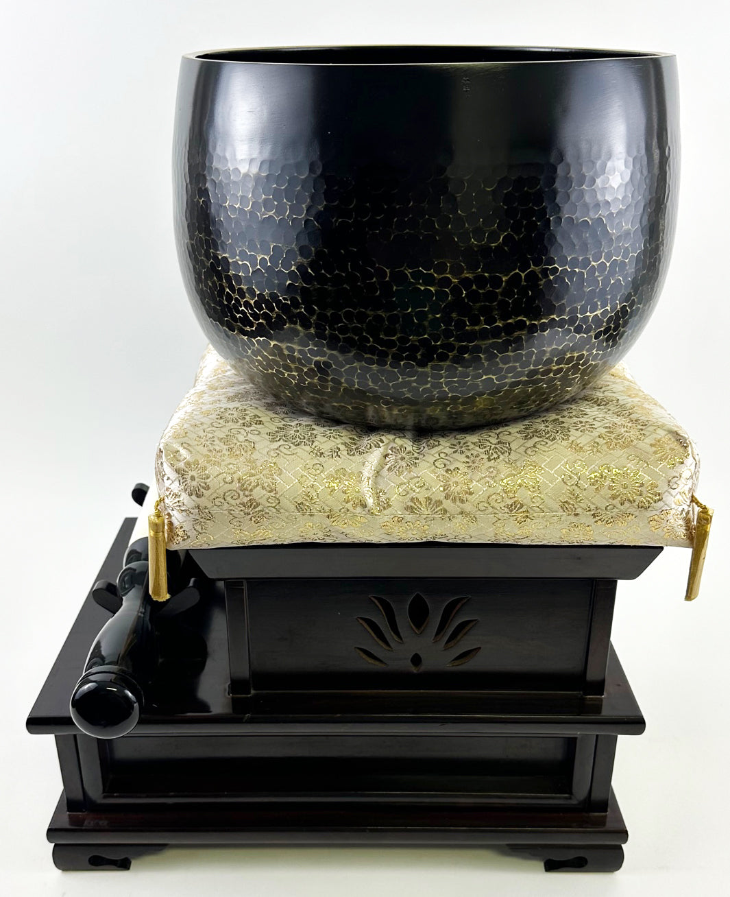 Vintage No. 10 Hand Pounded Bell (13" Diameter) with Ebony Wooden Base and Gold Cushion with Bell Stick Set
