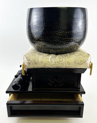 Vintage No. 10 Hand Pounded Bell (13" Diameter) with Ebony Wooden Base and Gold Cushion with Bell Stick Set
