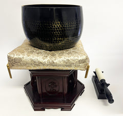 Vintage No. 10 Bell (13" Diameter) with Cherry Hexagonal Wooden Base and Gold Cushion with Bell Stick Set
