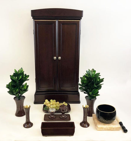 20 Walnut Butsudan with LED Light and Drawer with Butsugu and Bell Set