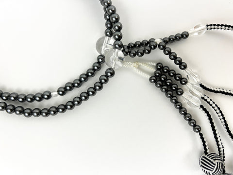 Black Pearl Beads with Knitted Black & White Tassels